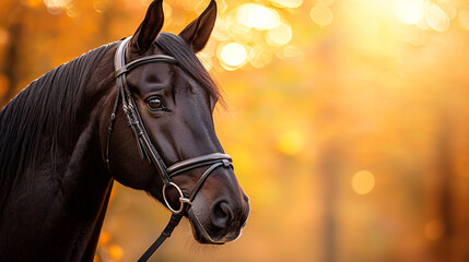 Beautiful dark horse in bridle standing majestically in colorful autumn forest with golden bokeh background.