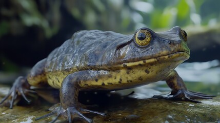 Closeup of Brown Frog Sitting on Rock Near Water Stream