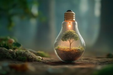 Small Tree Growing Inside Glass Light Bulb with Glowing Soil in a Forest Setting
