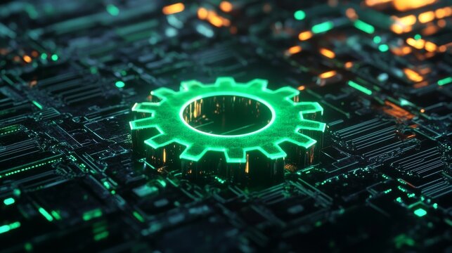 Glowing green gear icon representing innovative configuration settings in futuristic digital technology concept with neon light effects on dark background





