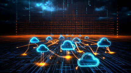 Neon blue cloud icons interconnected across a digital grid with falling code in a dark cyberspace scene.