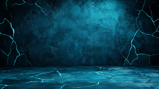 Dark teal concrete room with bright cracked lines creates a modern, slightly mysterious atmosphere now.