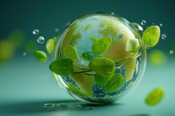 Stylized Earth Globe Surrounded by Green Leaves and Bubbles on Soft Blue Background