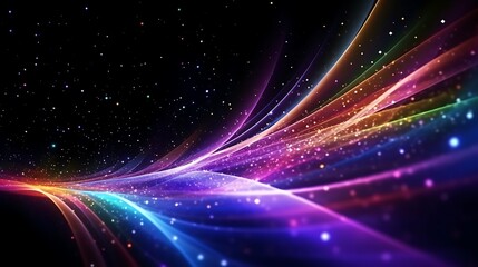 Rainbow-hued motion-trail lines linking thousands of crystalline micro-dots floating in deep black space, shot from a wide-angle, ultra-sharp focus, with depth layers emphasized.