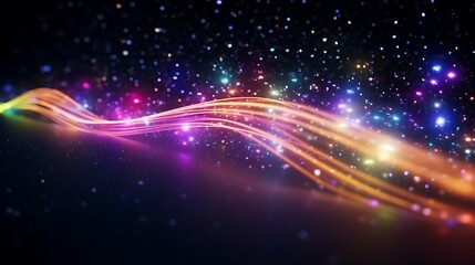 Rainbow-hued motion-trail lines linking thousands of crystalline micro-dots floating in deep black space, shot from a wide-angle, ultra-sharp focus, with depth layers emphasized.