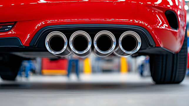Close up shot showcasing quad exhaust pipes of a shiny red sports car with a blurred workshop backdrop.