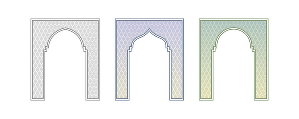 Decorative Moroccan arch frame with soft gradient background in traditional oriental pattern vector illustration for Islamic architecture and arabesque ornament.