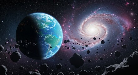 Panoramic view of an exoplanet in deep space with asteroids and a distant galaxy
