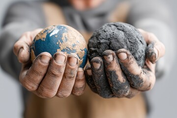 Symbolic Composition of Two Hands Holding Earth and Moon Globes with Textured Surfaces