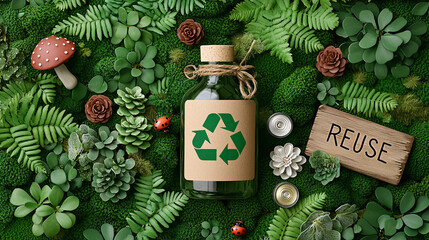 A glass bottle with recycle symbol sits among moss, ferns, and wooden accents promoting reuse concept.