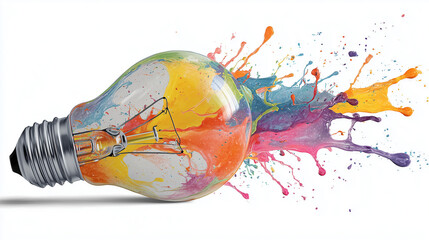 A light bulb with bright colors symbolizing the creative process and innovation in marketing. The background is white to highlight the colorful splashes of the bulb.