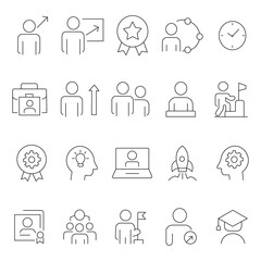 Minimal business and education line icon set flat outline style symbols for growth, teamwork, leadership, online learning, innovation, and training concepts.