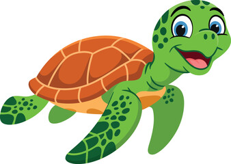 Obraz premium Cute cartoon sea turtle with happy expression vector illustration.