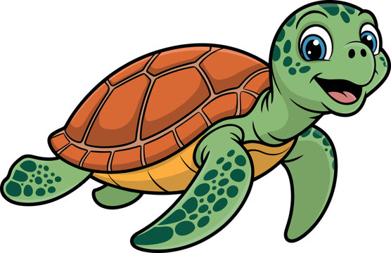 Cute cartoon sea turtle with happy expression vector illustration.