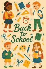 Cute children in uniforms with backpacks and classroom tools, vector style.