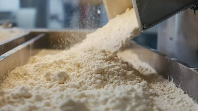 Flour falling into container in food processing plant