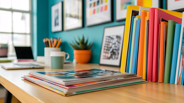 Colorful books stand on desk next to laptop and art supplies in a creative home office setting indoors. - Powered by Adobe