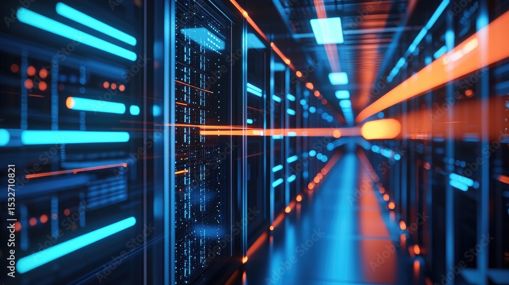 Poster Futuristic server room with glowing blue racks and dynamic orange data streams, symbolizing real-time digital processing, secure cloud storage, and modern network infrastructure