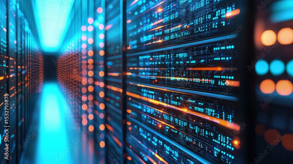Poster futuristic data center hallway with glowing blue ceiling and vibrant orange data lights, representin