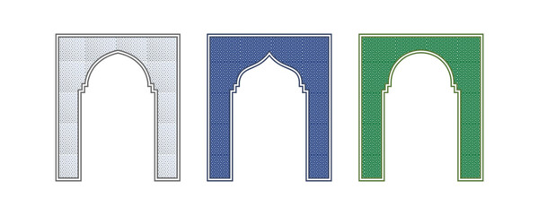 Elegant geometric arch frame with Islamic mosaic pattern outline design for traditional arabesque architecture vector illustration in ornamental cultural motif style.