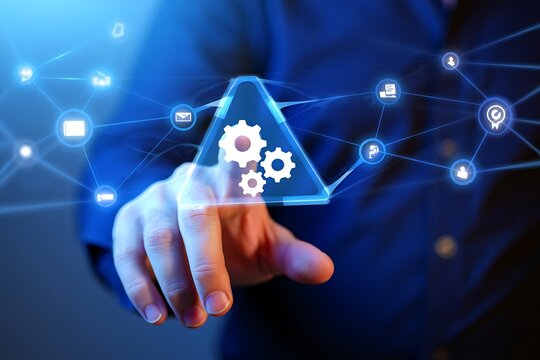 Man touching digital interface with gears and connected icons in blue light