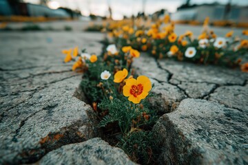 Vibrant Wildflowers Growing Through Cracked Concrete Under Soft Evening Light
