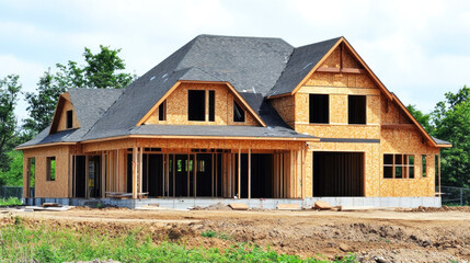 Fototapeta premium A new house under construction with wooden framing and a black roof.