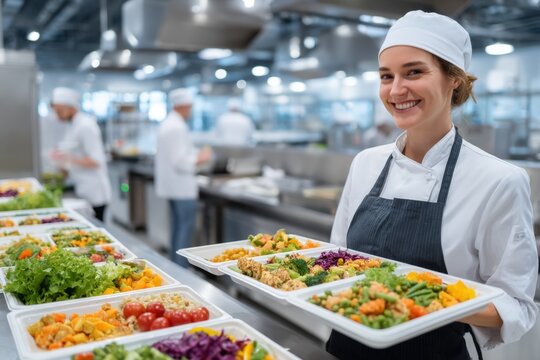 Healthcare foodservice worker serving nutritious meal tray in hospital 