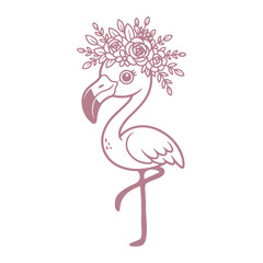 Cute flamingo in flower wreath. Cartoon baby animal character isolated on white background.