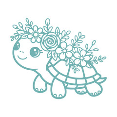Cute turtle in flower wreath. Cartoon baby animal character isolated on white background.