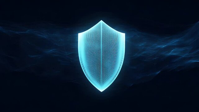 Futuristic glowing shield emblem surrounded by ethereal blue waves, symbolizing protection and security