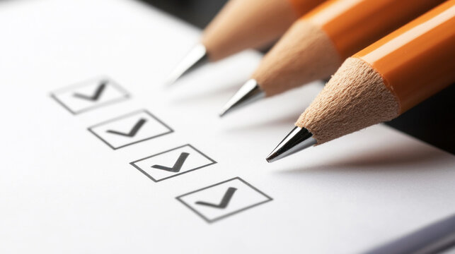 Three pencils with check marks on a white paper.