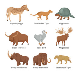 Extinct animal mammal prehistoric fauna habitat with names poster design template vector flat © Vikivector