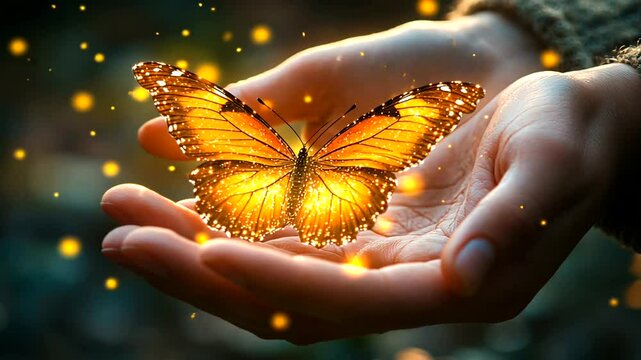 Captivating golden butterfly resting gently on human hands with sparkling light