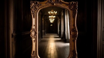 Elegant gilded mirror reflecting a long, darkened hallway with multiple chandeliers hanging and wood paneling interior design. - Powered by Adobe