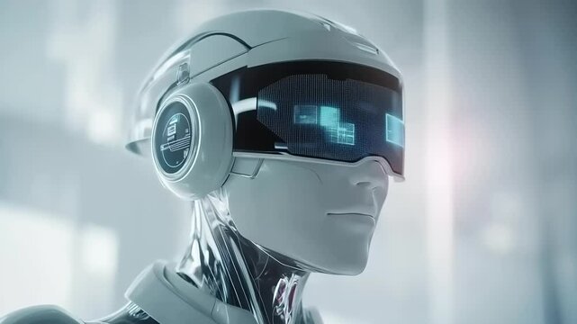 Futuristic humanoid robot with advanced visor technology in a sleek, modern environment