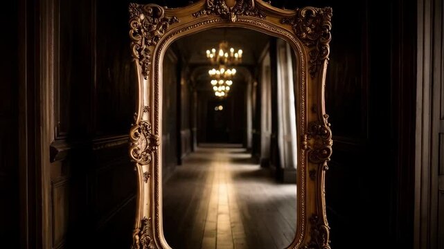 Elegant gilded mirror reflecting a long, darkened hallway with multiple chandeliers hanging and wood paneling interior design.