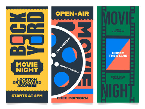 Movie night outdoor cinema film broadcast ticket flyer design template set vector flat illustration