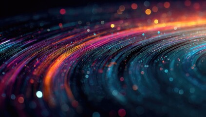 Abstract swirling nebula with vibrant, multicolored light trails and sparkling dust particles against a dark backdrop