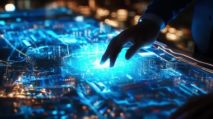 Futuristic technology interface with a hand interacting with a digital city map at night - Powered by Adobe