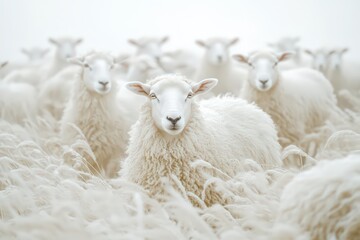 White sheep group standing closely in foggy field, soft wooly texture and calm expressions evoke purity, nature, and peace.