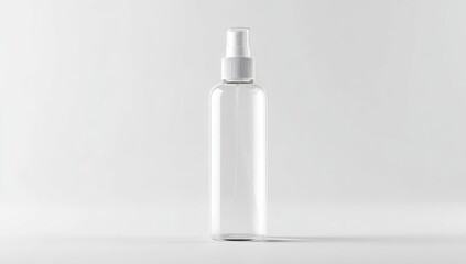 A clear, cylindrical plastic spray bottle with a white cap stands on a white background, casting a subtle shadow