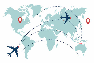 Flat vector illustration of global air cargo network with flight routes