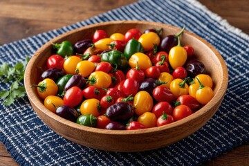 Assorted chili peppers in a rustic wooden bowl