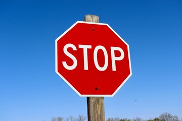 A close view on the red stop sign with a blue sky.