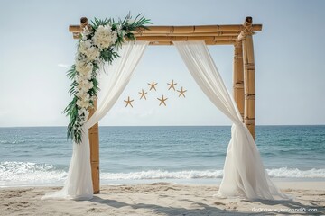  Bamboo wedding arch on beach, white drapes with flowers and starfish, serene ocean backdrop symbolizes romantic coastal ceremony