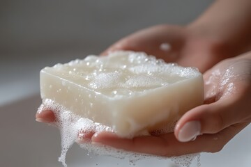  Hands holding soap bar with bubbles, gentle lather emphasizes hygiene, cleanliness, and everyday self-care routine