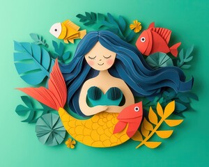 Cute origami mermaid with flowing paper hair, surrounded by vibrant ocean creatures in a cozy setting