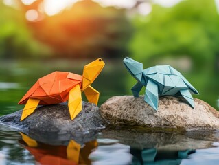 Adorable origami sea turtles resting on a cozy rock, bathed in warm ocean light