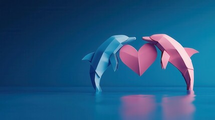 Adorable origami dolphins forming a heart shape as they leap through a glowing sea